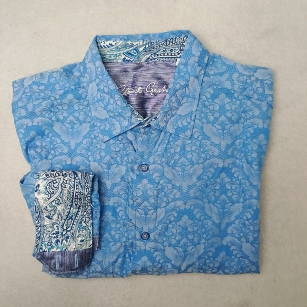 Robert Graham Shirt Men XL Blue Floral Button-Up Long Sleeve Paisley Flip Damask